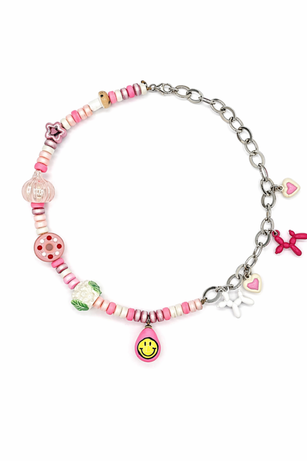 chunky pink pearl with smiley necklace